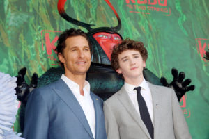 Matthew McConaughey, Beetle and Art Parkinson seen at Focus Features Los Angeles Premiere of LAIKA "Kubo and The Two Strings" on Sunday, Aug. 14, 2016, in Universal City, Calif. (Photo by Blair Raughley/Invision for Focus Features/AP Images)