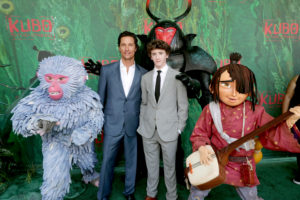 Monkey, Matthew McConaughey, Art Parkinson, Beetle and Kubo seen at Focus Features Los Angeles Premiere of LAIKA "Kubo and The Two Strings" on Sunday, Aug. 14, 2016, in Universal City, Calif. (Photo by Eric Charbonneau/Invision for Focus Features/AP Images)