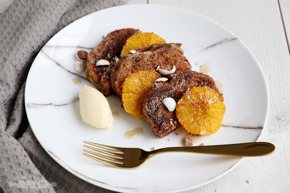 Hot Cross French Toast with Roasted Oranges and Vanilla Mascarpone by In Rhi's Pantry | onetakekate.com