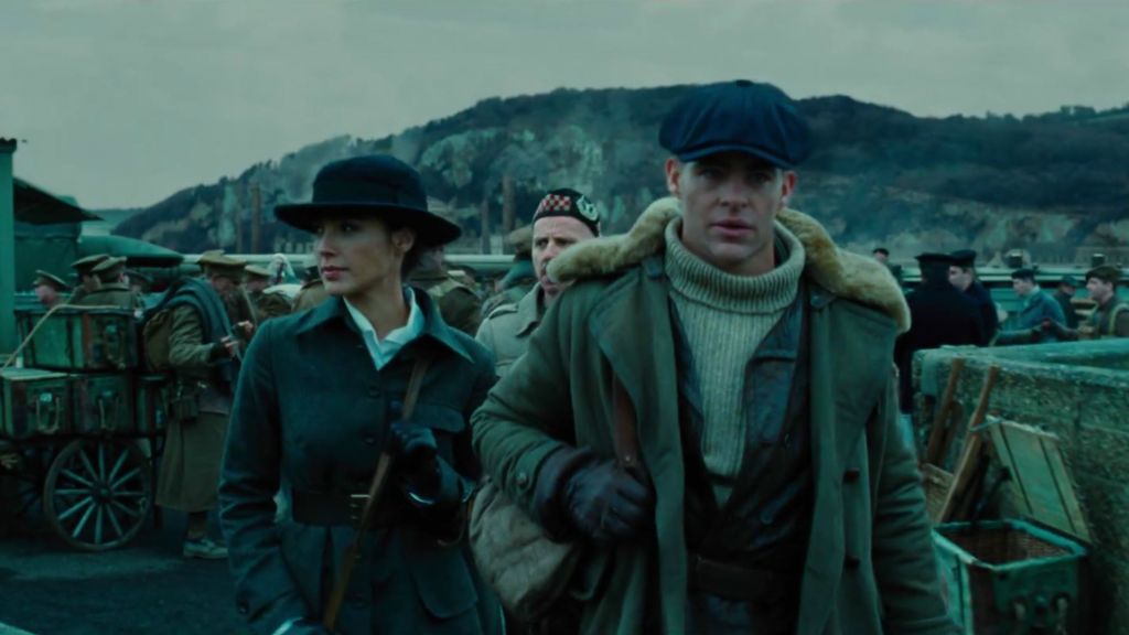 Gal Gadot and Chris Pine (with Ewan Bremner in the back there) in Wonder Woman. Image via timesofisrael.com | onetakekate.com
