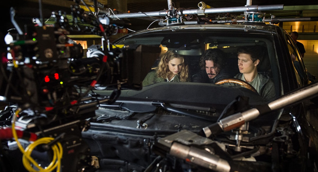 Writer and Director Edgar Wright speaks to Lily James and Ansel Elgort during filming on Baby Driver. Image via Sony Pictures | Baby Driver movie review | onetakekate.com