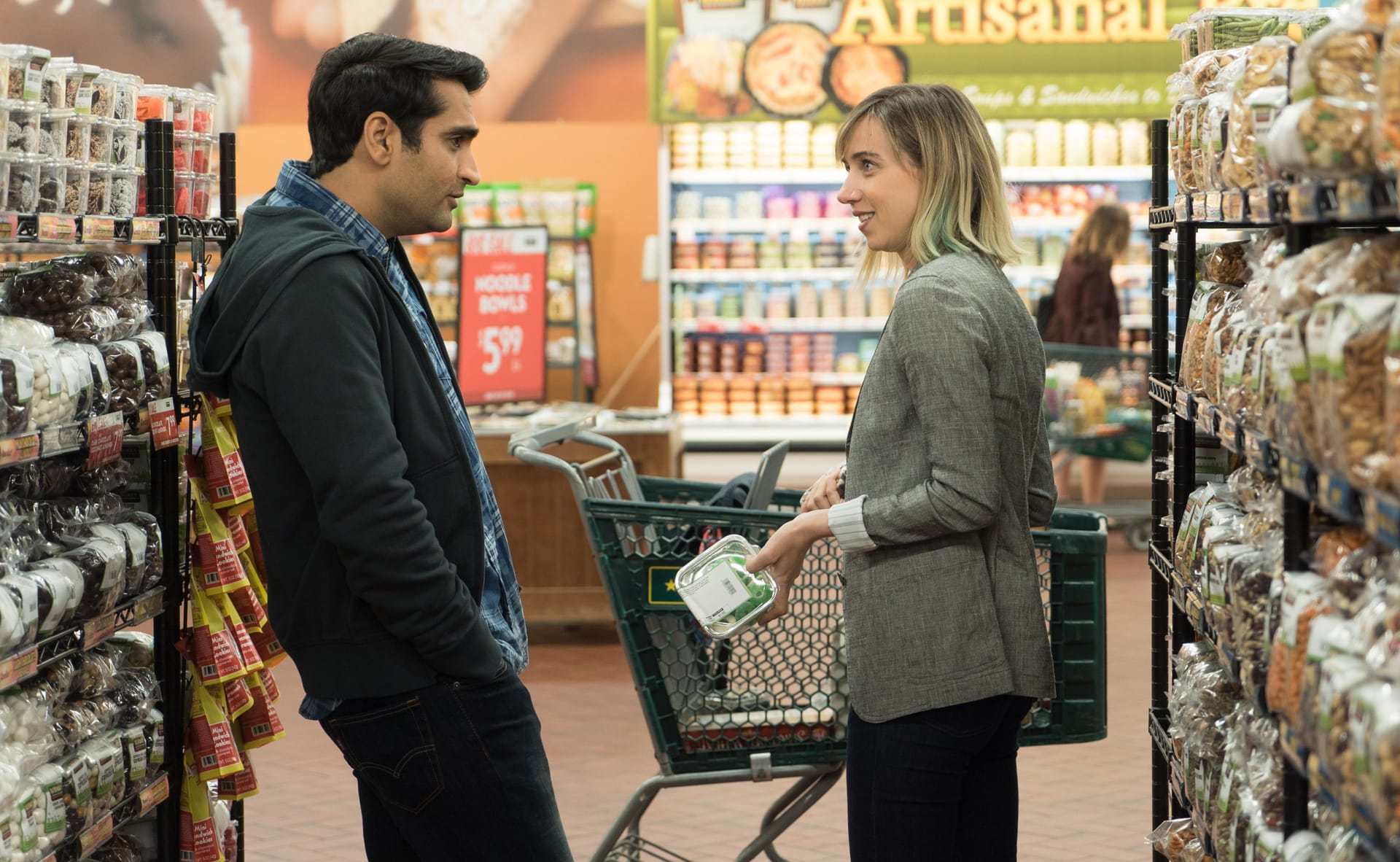 Kumail (Kumail Nanjiani) and Emily (Zoe Kazan) get to know each other in The Big Sick. Image via tvovermind.com | The Big Sick movie review | onetakekate.com