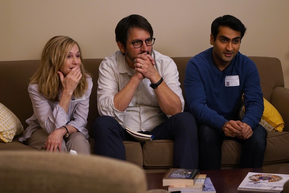 Beth (Holly Hunter), Kumail (Kumail Nanjiani) and Terry (Ray Romano) spend plenty of time in Hospital waiting rooms together. Image via The Atlantic | The Big Sick movie review | onetakekate.com
