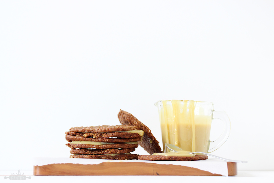 Chocolate Anzac Biscuit & Caramel Sandwiches by In Rhi's Pantry | onetakekate.com