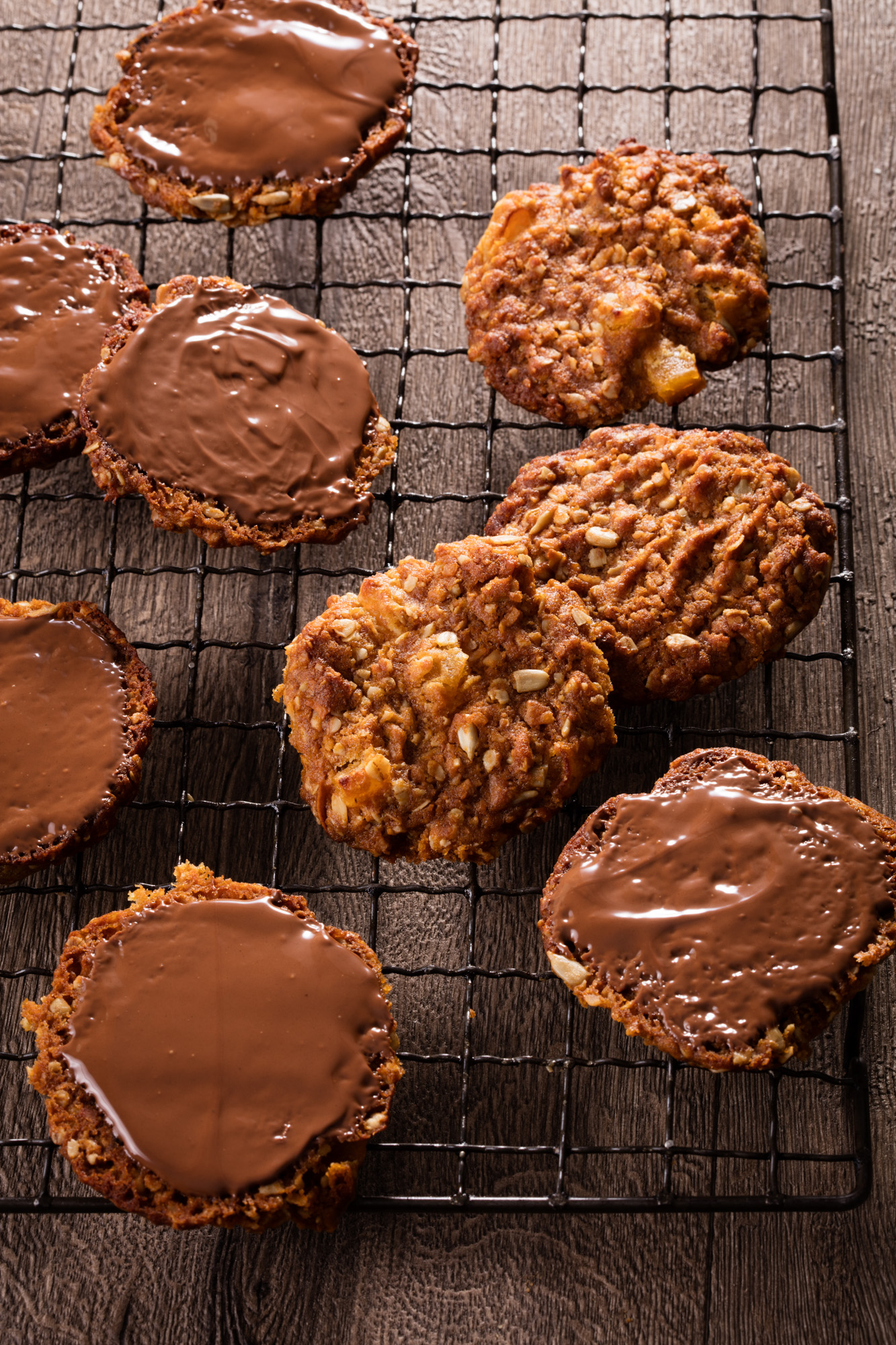 Chewy Apricot and Sunflower Anzac Biscuits with Chocolate Bases from Food Lovers by Helen Jackson | onetakekate.com