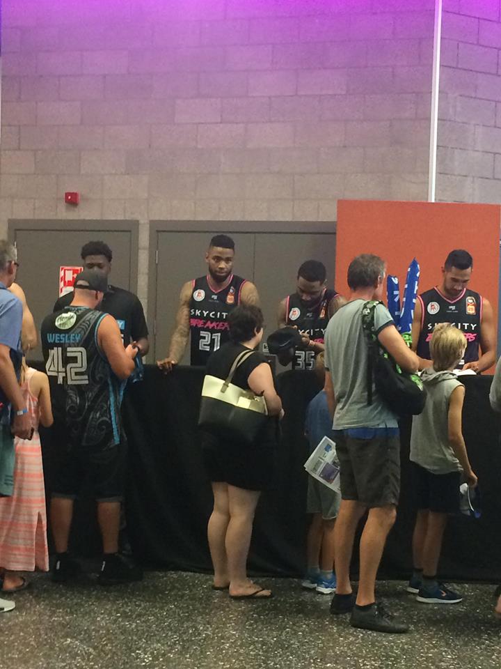 Sneaky pic of some of the Skycity Breakers at the Sunday Game Signing. Left to Right: Amani Moore, Shawn Long, Patrick Richard and Tai Wesley | onetakekate.com